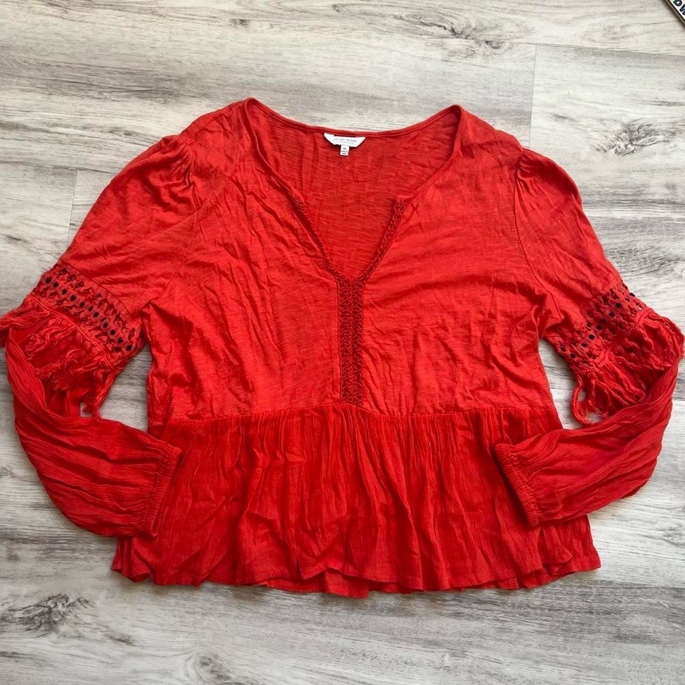 Lucky Brand Red Blouse with Crochet Sleeves